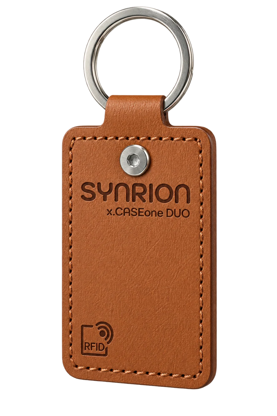 Design proposal for a cognac leather case with personalised engraving and a YubiKey.