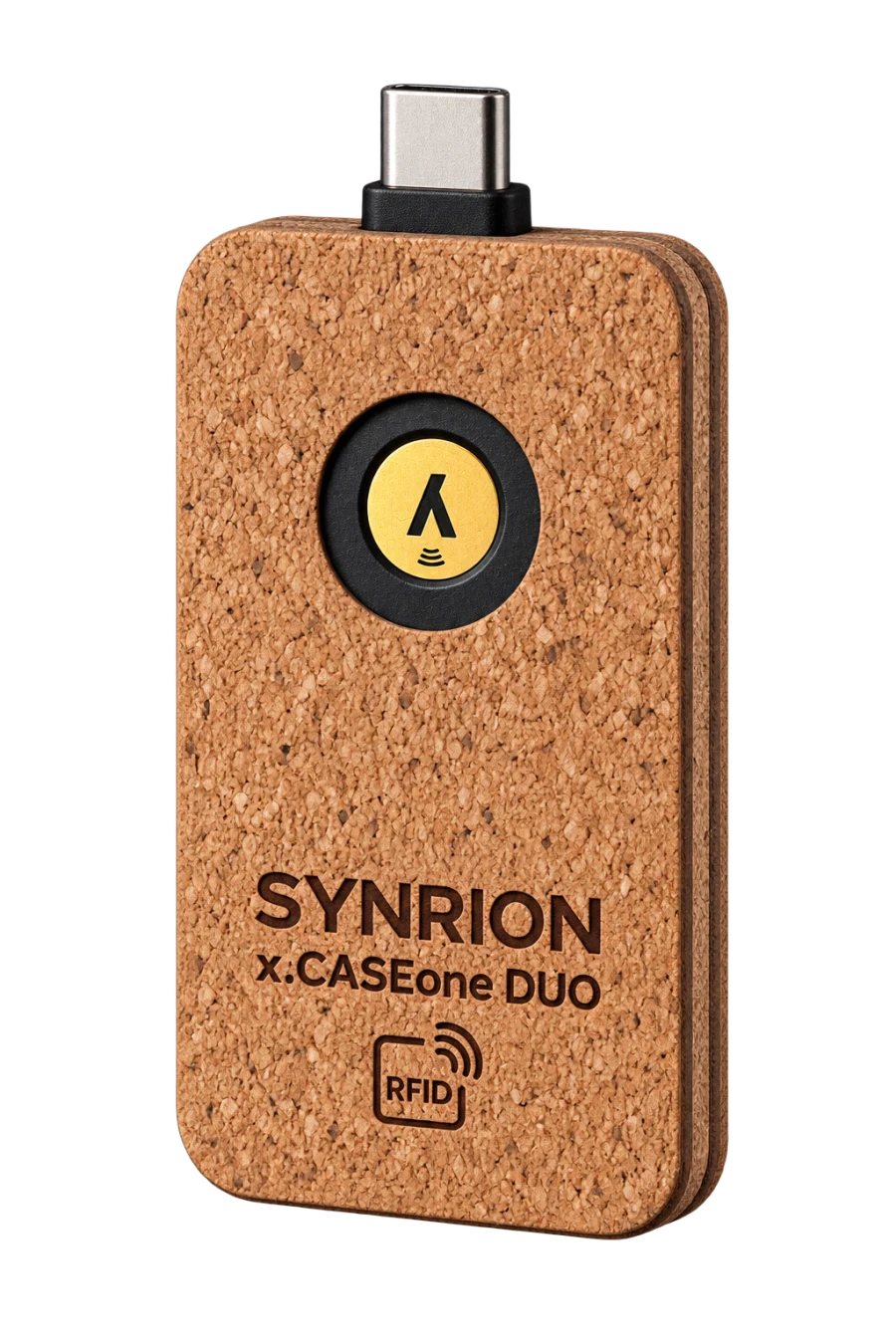 Design proposal for a natural cork case with personalised engraving and a YubiKey.