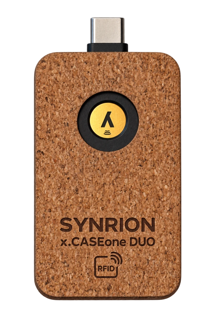 Cork case with personalised front, visible YubiKey touch contact and USB-C connector at the top.