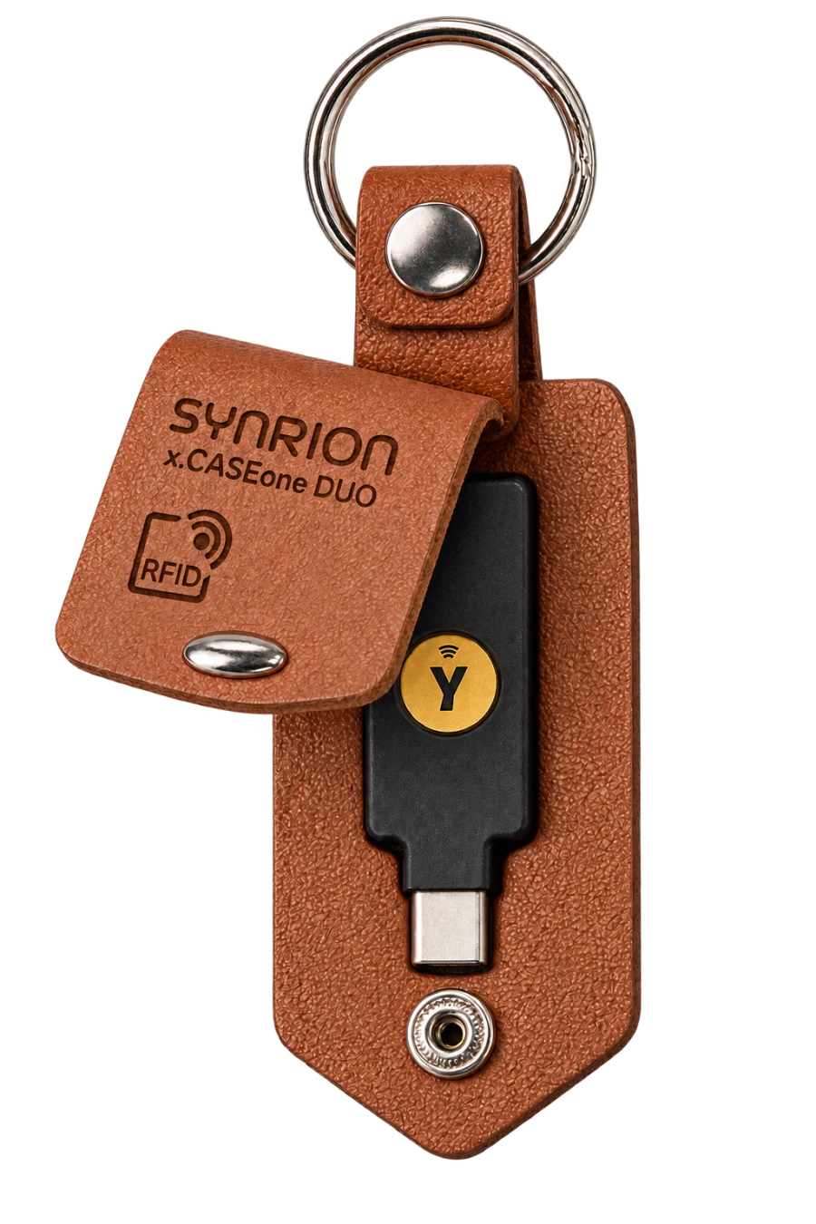 Open leather flap case with a black YubiKey, press stud and key ring.