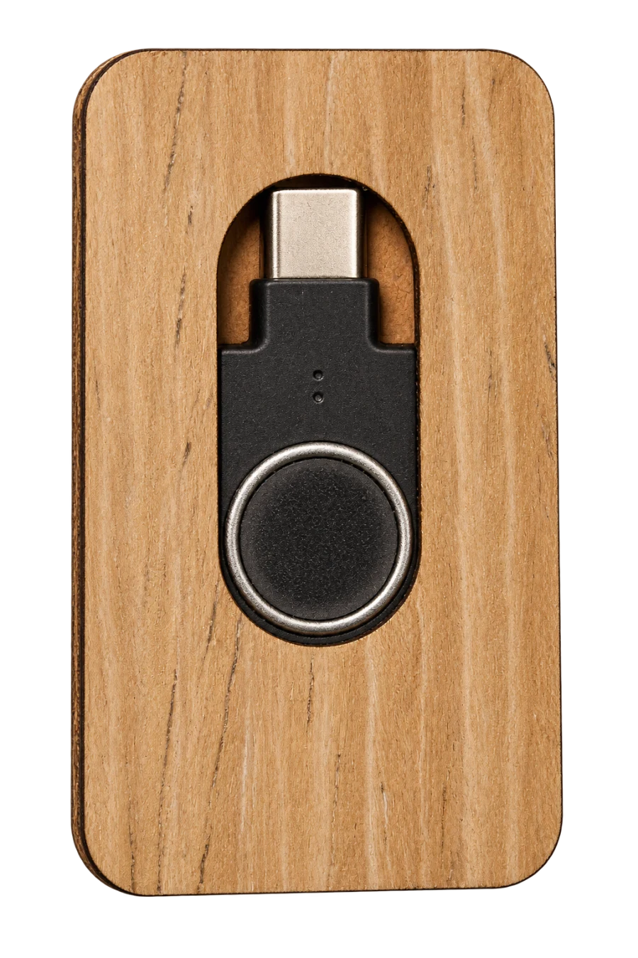 Wooden case with a long opening showing the black YubiKey inside.